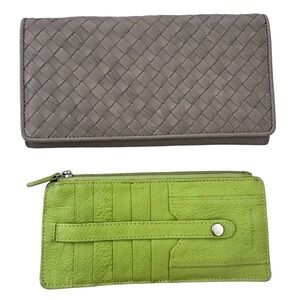 Taupe Woven Leather Wallet + Lime Card Holder Set | Genuine Leather | Soprano